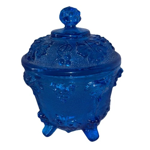 VTG 1950s Jeanette Glass Footed Covered Cobalt Blue Candy Dish Grape Leaf MCM