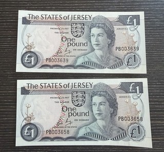 Jersey £1 Note Pair – States of Jersey – Battle Of Jersey– PB Serial Notes UNC