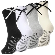 4 Pairs Pilates Socks with Grips Cute Ruffle Non-slip Grippy Yoga Socks with ...