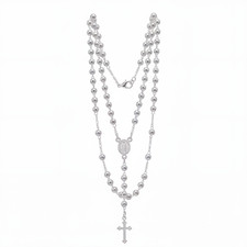 925 Sterling Silver Rosary Necklace 20 Inches 4mm Beads Cross Virgin Mary Medal