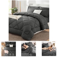 Modern Dark Grey Queen Comforter Set - 7 Piece Bedding Set with Soft Microfiber