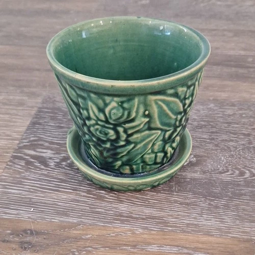 Green Ceramic Planter Round Floral Pottery Glossy Finish McCoy Attached Saucer