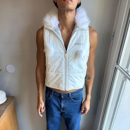 Guess Vintage Y2K Women's S White Puffer Vest Faux Fur Collar Pom Poms - product listing photo