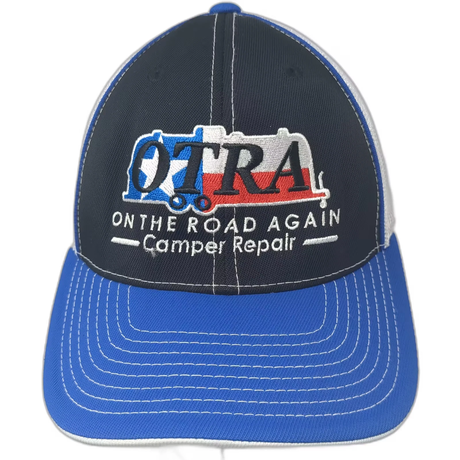 Pacific Headwear Baseball Cap Blue White XL Mesh OTRA Camper Repair Texas Hat