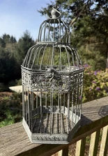 Metal Bird Cage Hexagon 16” Top Opens Latches Hanging Off Gray Silver Home Decor