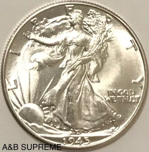 1945 D WALKING LIBERTY HALF DOLLAR FROM OBW ROLL CHOICE-GEM BU UNC. 90% SILVER