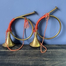 Vintage Brass Fox Hunting Horns Pair Bugle Christmas Decor Wall Hanging Tassel