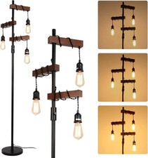 Rayofly Industrial Dimmable Floor Lamps, Farmhouse 3-Lights Wooden Standing (7E)