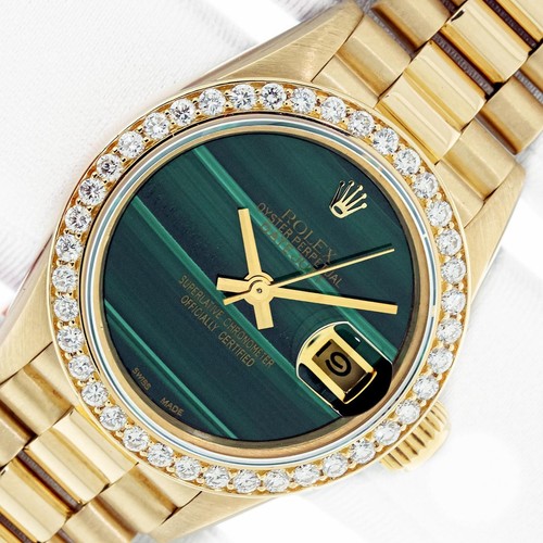 Rolex Lady DateJust 26mm Malachite Dial 18 karat Yellow Gold Diamond Bezel Watch