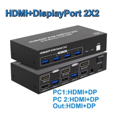 4K 60Hz Dual Monitor HDMI+DisplayPort 2X2 KVM Switch USB 3.0 Extended Display