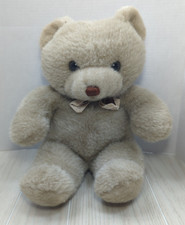 Vintage tan Plush teddy bear cream print brown satin bow thread nose