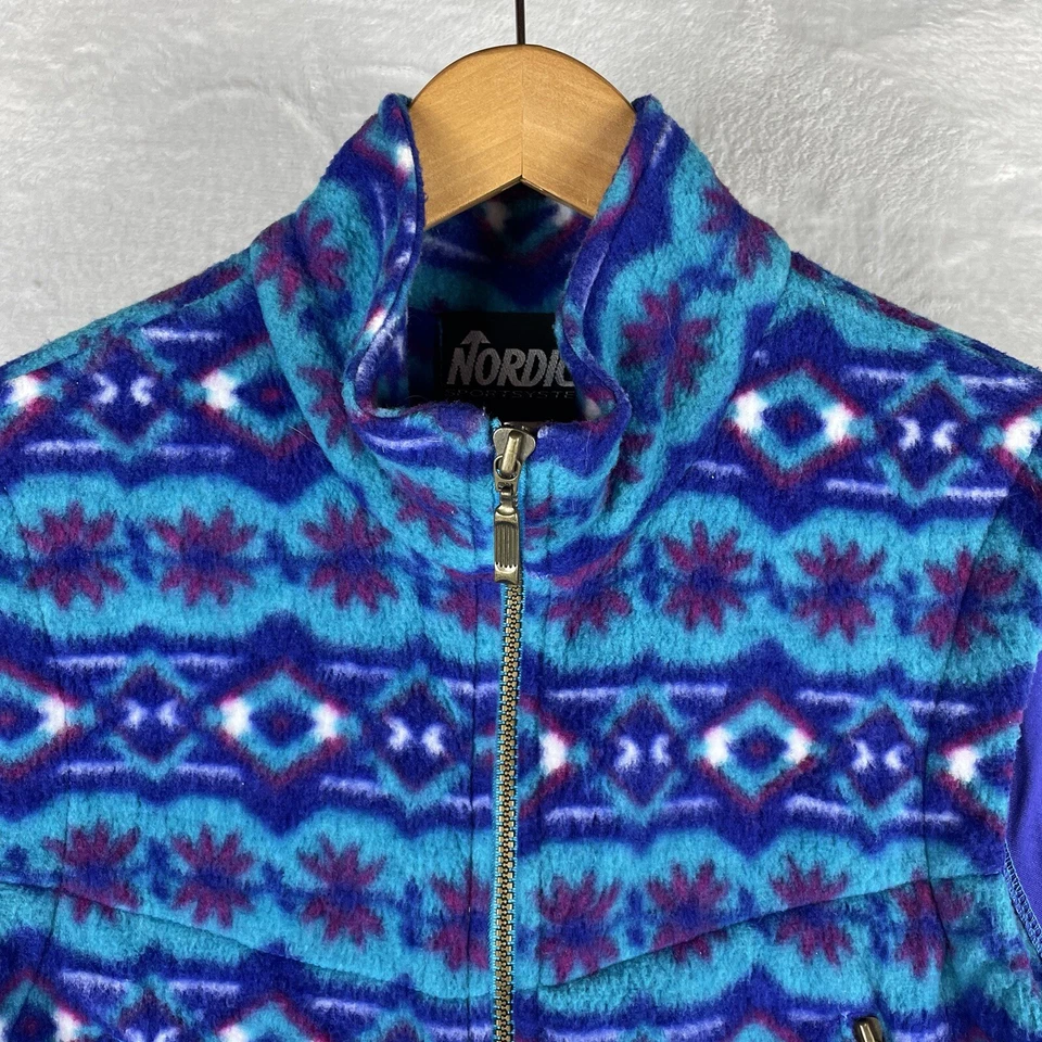 Chaleco polar Nordica vintage verde azulado y púrpura pequeño retro azteca esquí cabina Foto 4 de 4