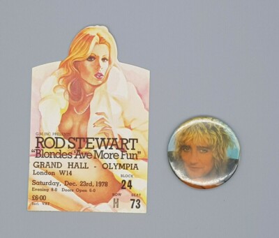 Original beautiful Rod Stewart 1978 Blondes Ave More Fun Tour Ticket and Button