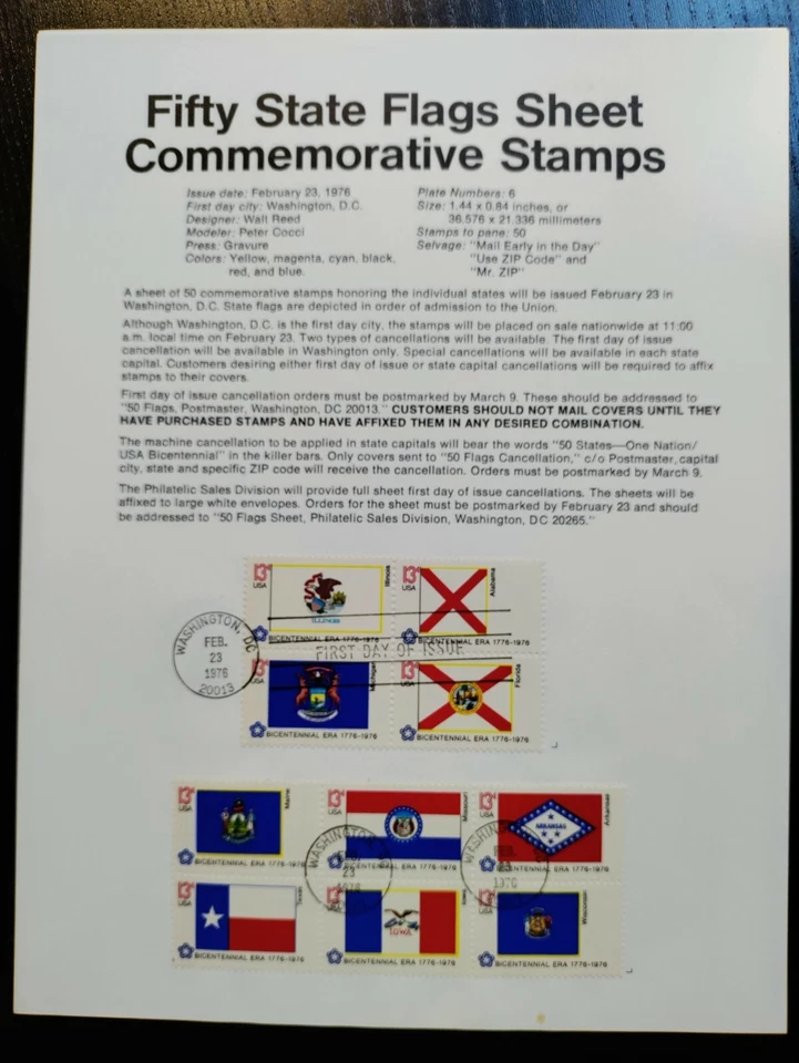 1976 50 US States Flags Sheet Commemorative Stamps,MH,OG - Image 3 of 4