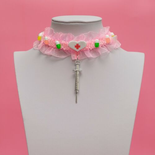 Yami Kawaii Jewelry, Lolita Pink Lace Choker, Pill Charms, Nurse Cross, Syringe - Picture 1 of 6
