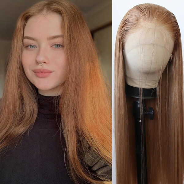 Strawberry Blonde Wig Long Straight Lace Front Synthetic Wig Pre Plucked Cos Wig