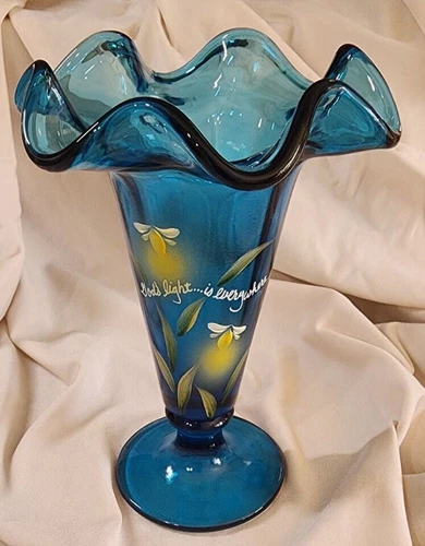 Fenton Glass Vase God's Light is Everywhere Blue Green Hand Painted & Signed