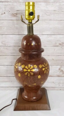 Vintage Walnut Table Lamp Brass Inlay Flowers Vines India Unique All Wood 