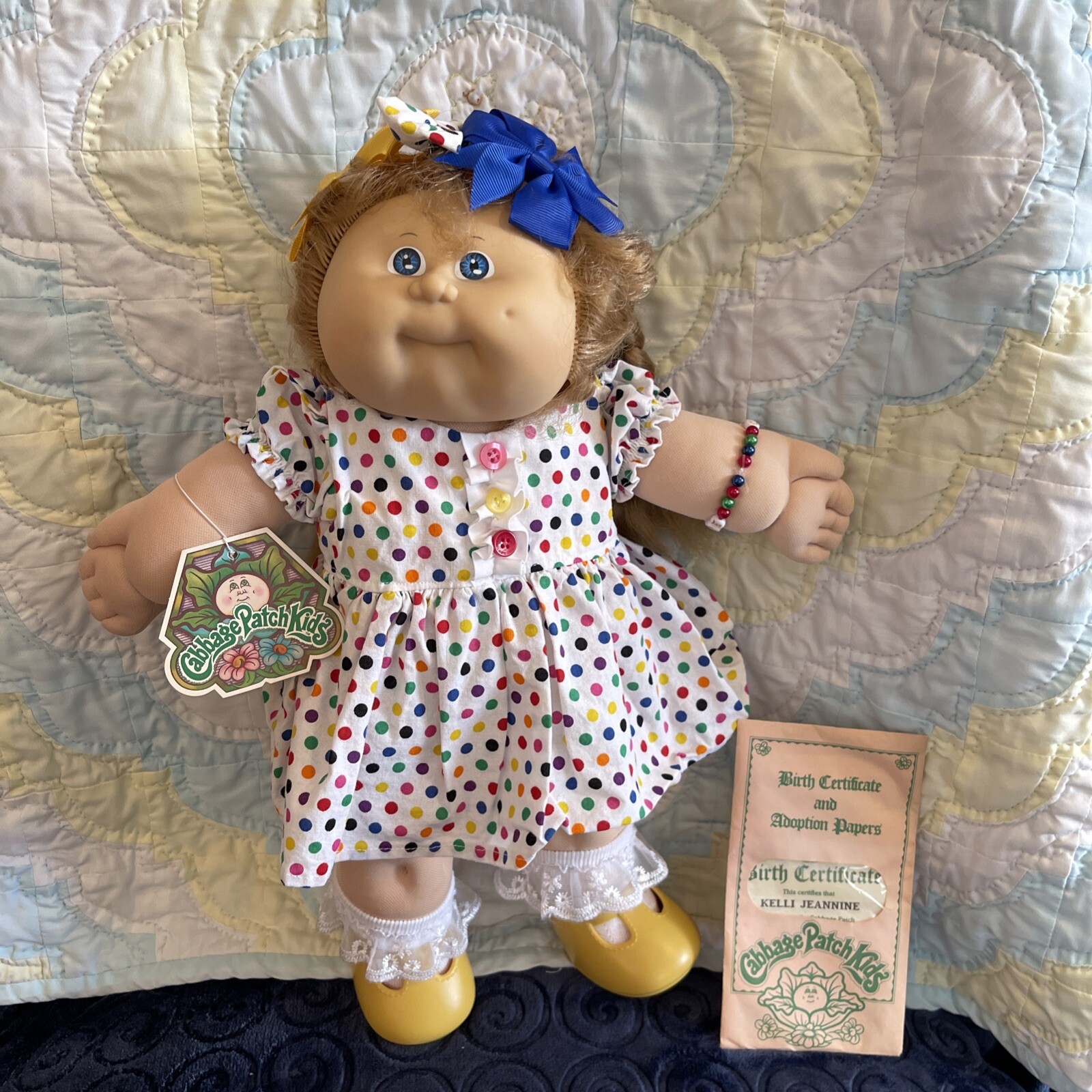 1986 KT Cabbage Patch Girl, HM8, Blue Eyes, Lt Brown Silk UNIQUE hair, NEW DRESS
