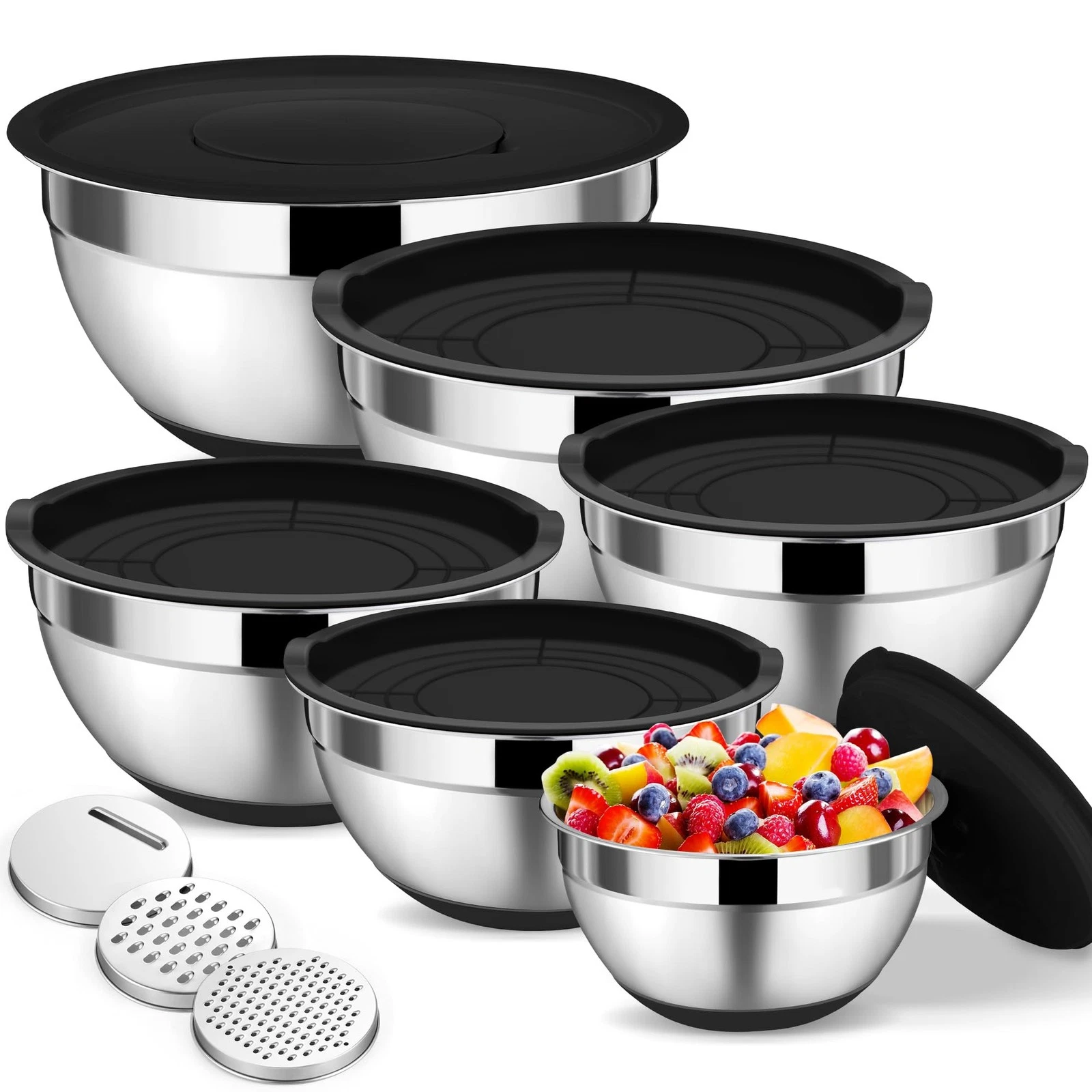 TeamFar Mixing Bowls, 6 PCS Stainless Steel Nesting Salad Bowl with Lids & 3 ...