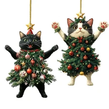 2x Christmas Cat Tree Ornament,Funny Cats Ornament,Christmas Gifts,Pets 2D