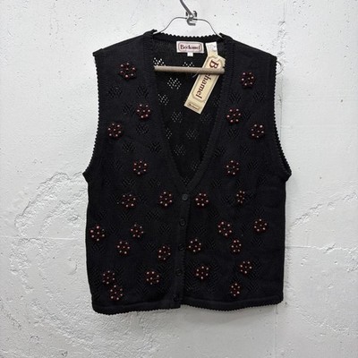 NWT Vintage Bechamel Floral Beaded Lightweight Black Sweater Vest