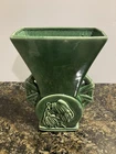 Mccoy Vintage Emerald Green Double Handle Wagon Wheel Hanging Tulips Vase