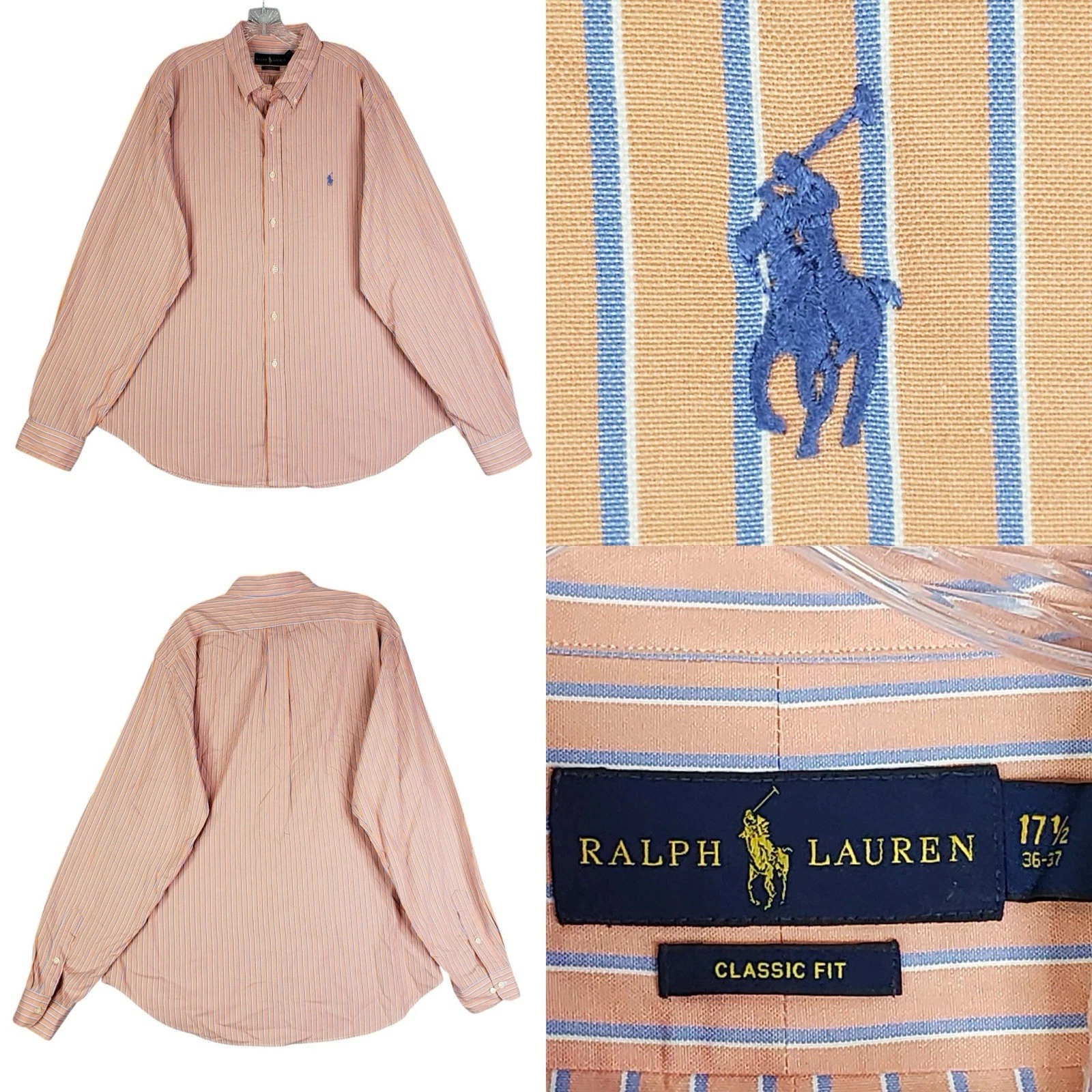 Polo Ralph Lauren Shirt Striped Oxford LS Button Down Orange Mens Size 17.5 XL