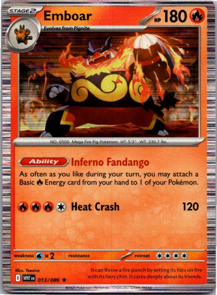 Emboar 013/086 Holo Rare White Flare Pokemon Near Mint