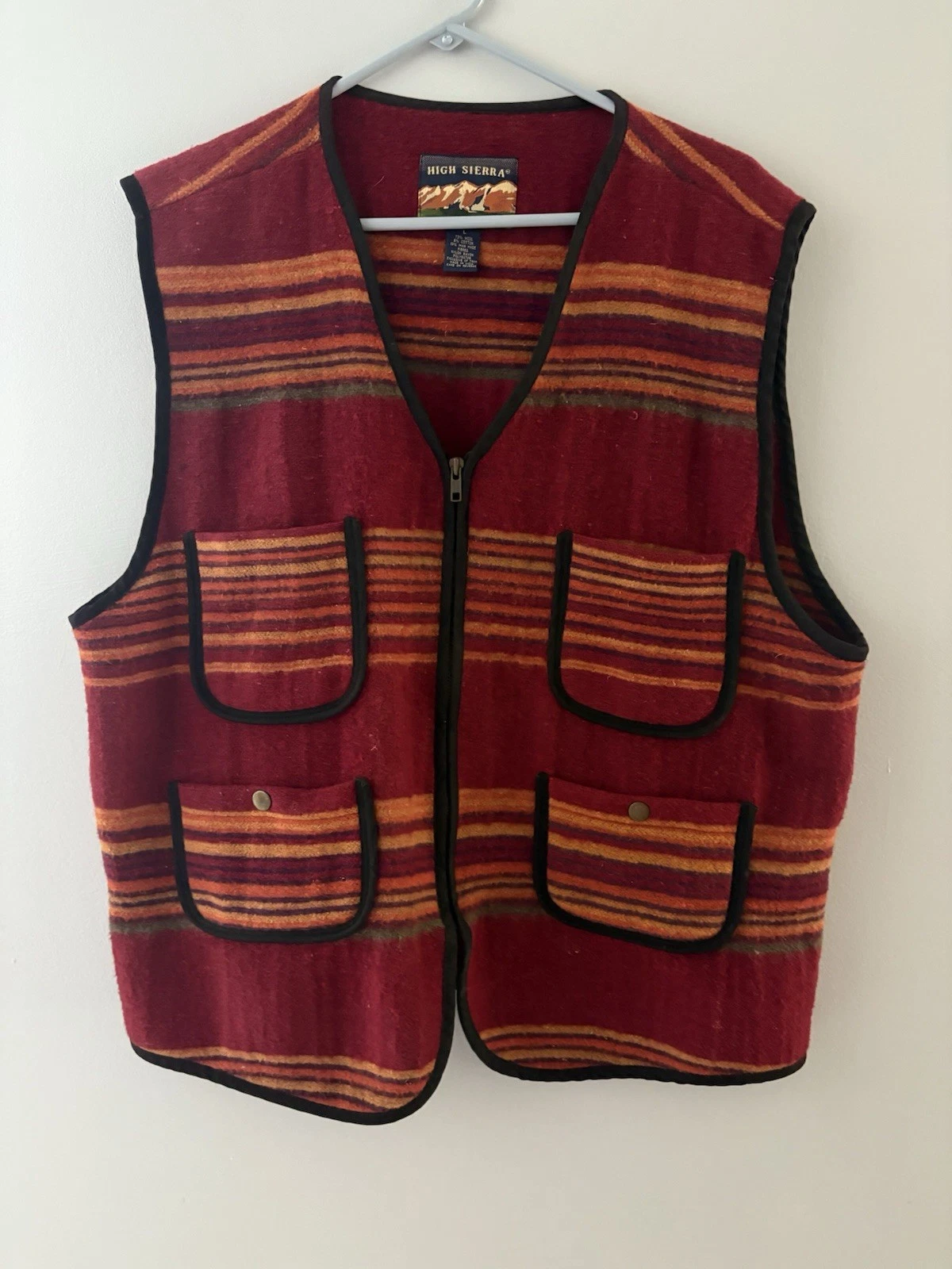Vintage High Sierra Wool Vest Mens L Burgundy Orange Southwestern Outdoors Hike