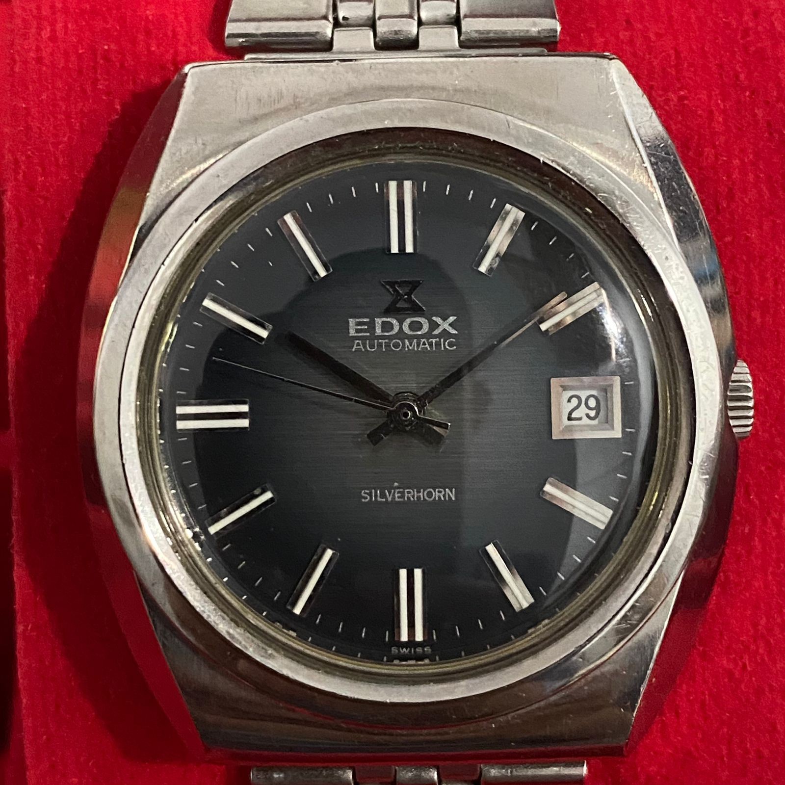 Vintage Edox Silverhorn Automatic ETA Date Blue Dial Rare Watch