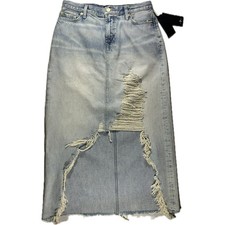 7 For All Mankind High-Rise Denim Midi Skirt Ft A Distressed Look NWT