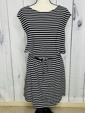 Michael Kors Stripe Zip Sleeve Drawstring Waist Dress Size S Black White