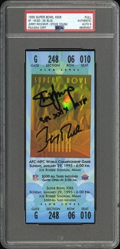Jerry Rice & Steve Young SB XXIX MVP Signed 1995 Super Bowl XXIX Ticket Blue PSA