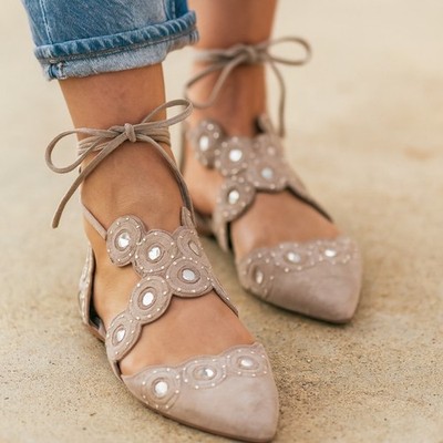 Tory Burch SZ 6.5 Yasmin d'Orsay Point Toe Flats Dust Storm Beading Embroidery 
