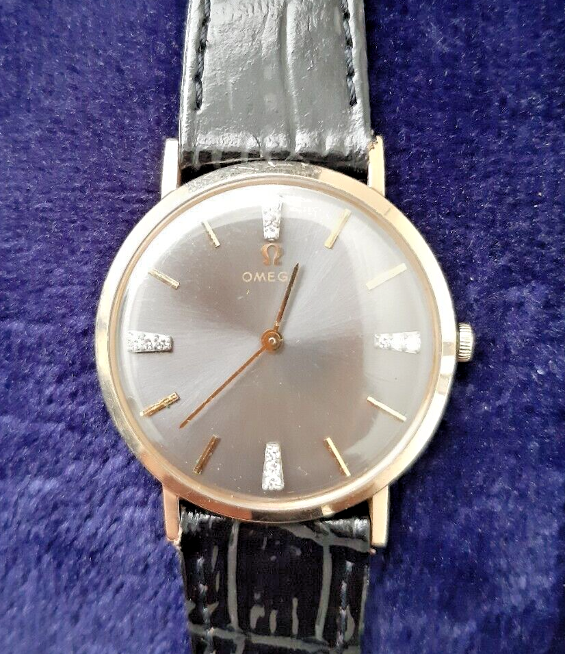 1960s Omega 14k Solid Gold Purple 12 Diamond Dial 17J Cal.625