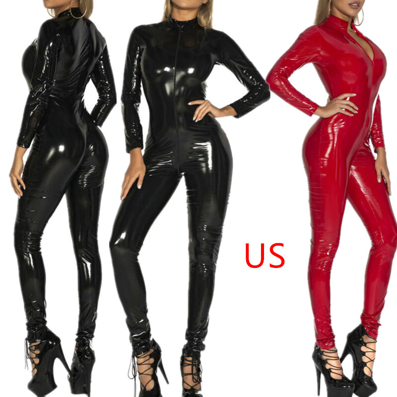 Women Wet Look PVC Leather Catsuit Shiny Wet Look Jumpsuit