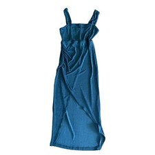 Cider Women's Teal Blue Classy Square Neck Ruched Slit Midi Dress - S