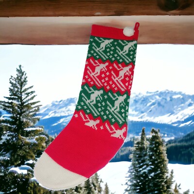 Vintage Christmas Stocking Knitted Acrylic Skiing Red White Green Pom Pom Sock