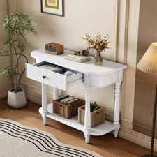 White Retro Narrow Console Table with Curved Corner Drawer and Open Shelf