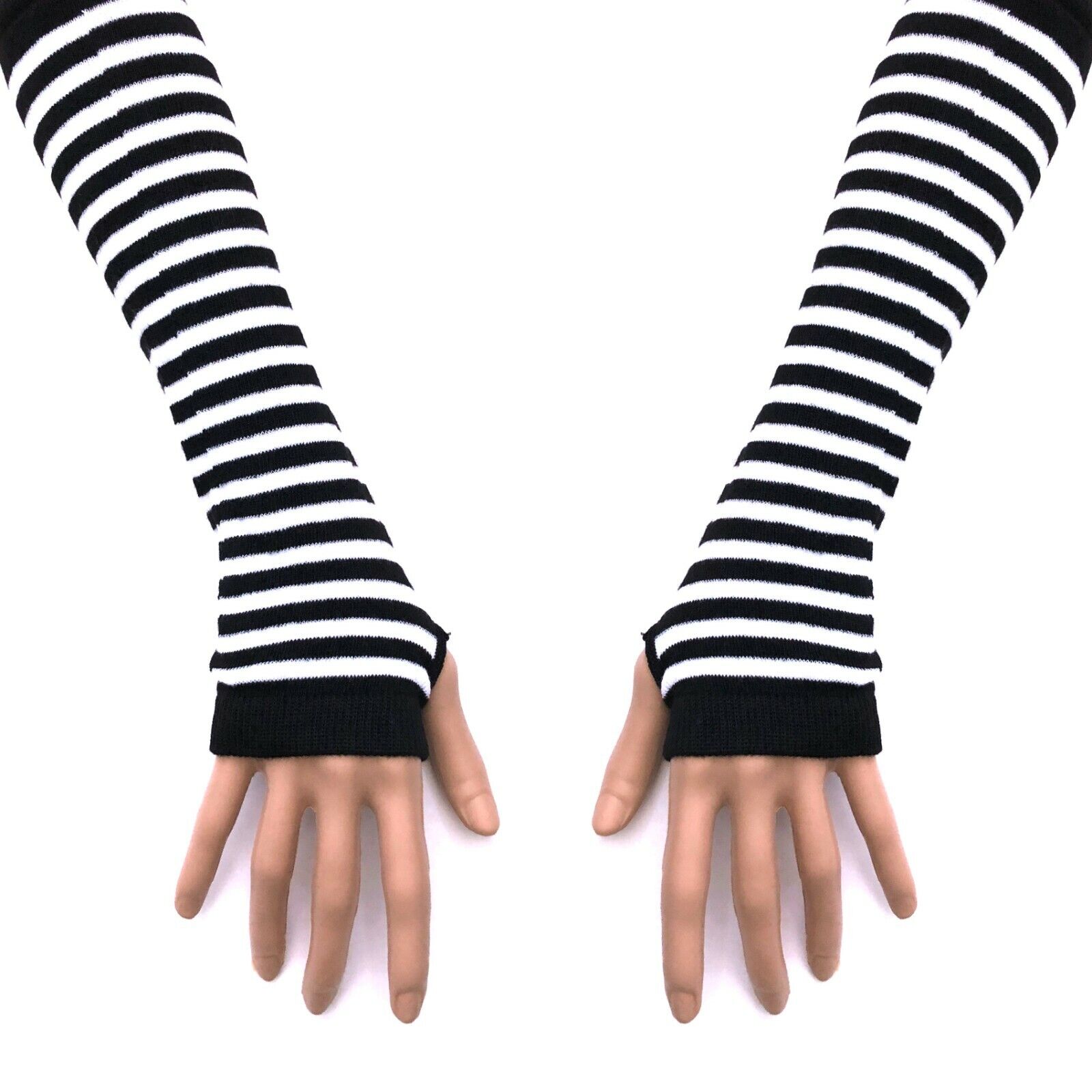 80s 90s Gothic Punk Glam Rock Emo Black White Stripe Knit Arm Warmer Armwarmers