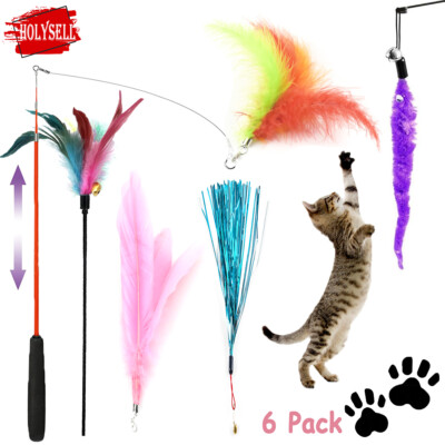 #ad 6 Pack Cat Teaser Toys Interactive Feather Wands with Bells amp; Accessories $9.98