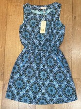 BNWT size S QED London blue sleeveless boho tile lined dress shirred waist