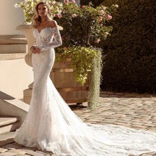 Mermaid Wedding Dresses Long Sleeve Applique Backless Bridal Gowns Sweep Train