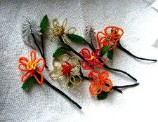 Antiques French Glass Seed Beaded Multicolored Variety of Flowers W/ Leafs