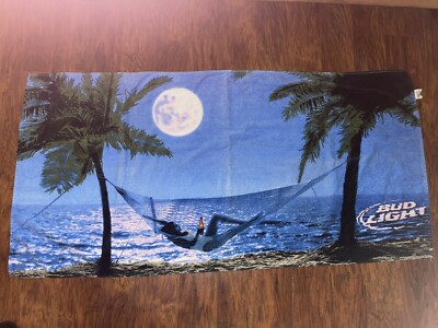 VTG Bud Light Hammock Moon 56  X 28  Beach Towel 100% Cotton Beer Palm Tree