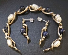 Silberdraht, blauer Lapis, natürliche Perlen, handgemachtes Armband/Ohrring Set
