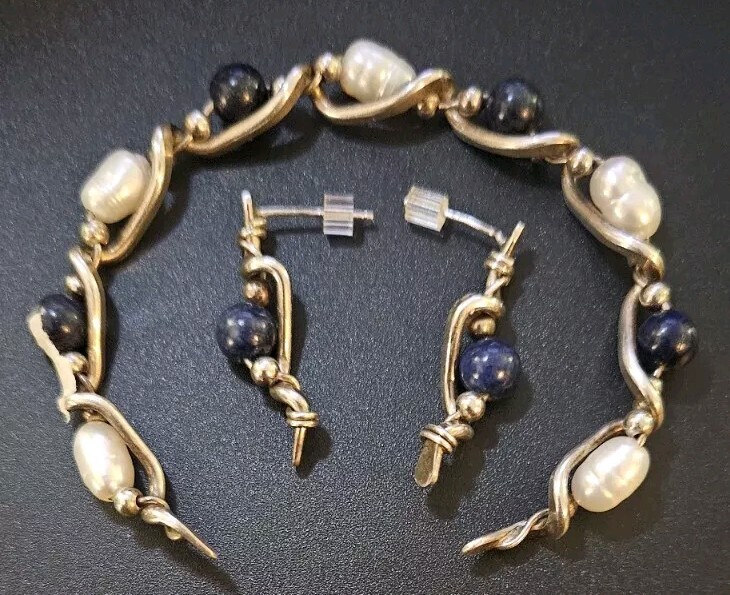 Silver Wire, Blue Lapis, Natural Pearls, Artisan Bracelet/Earring Set