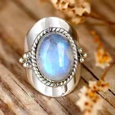 925 Sterling Silver Handmade Rainbow Moonstone Statement Ring All Size R233