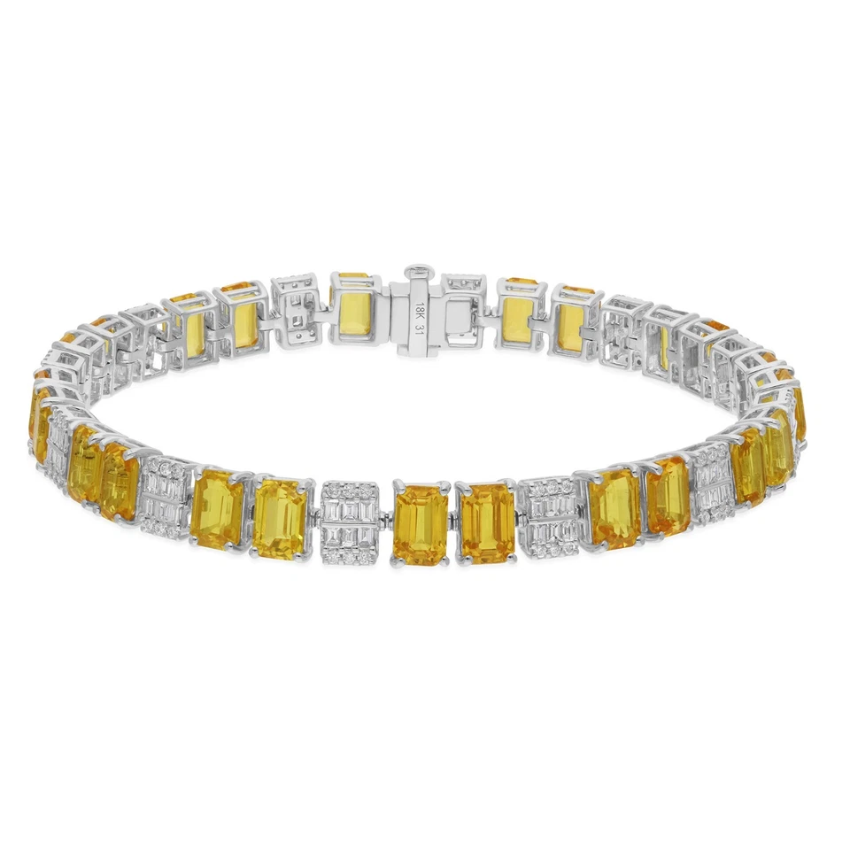 Brazalete con dije de diamantes H/SI de zafiro amarillo natural de 18,10 TCW de oro blanco de 18 k Foto 3 de 4